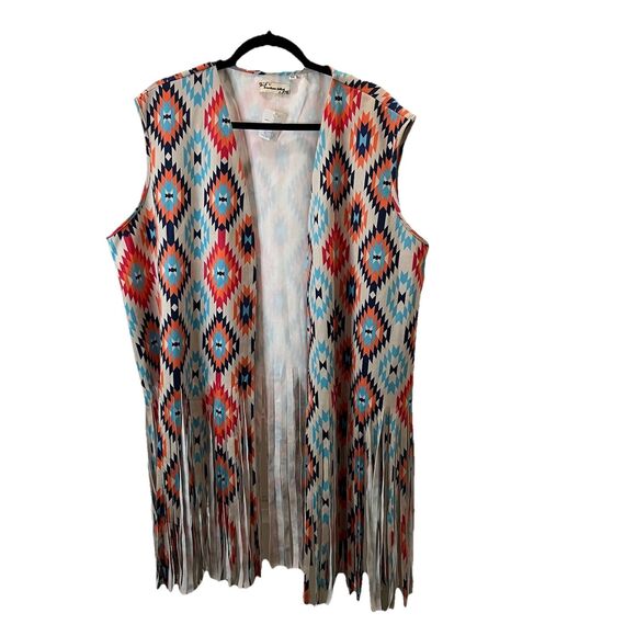 Southern Stitch Tops - Southern Stitch Aztec Blue Orange Diamond Sleeveless Fringe Boho Kimono Open Top